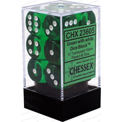 Chessex: 12D6 16MM Dice - Translucent Green/White