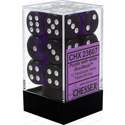 Chessex: 12D6 16MM Dice - Translucent Purple/White
