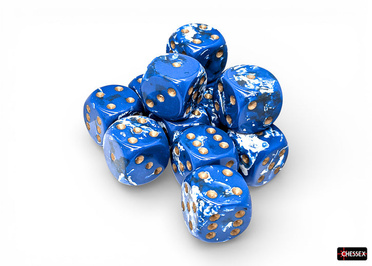 Chessex: 12D6 16MM Dice - Brush Wavebreak/Gold
