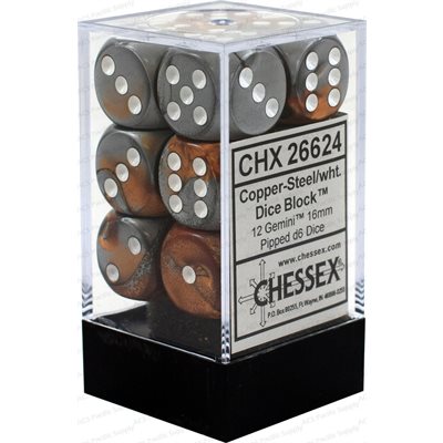 Chessex: 12D6 16MM Dice - Gemini Copper-Steel/White