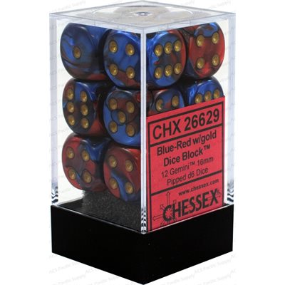 Chessex: 12D6 16MM Dice - Gemini Blue-Red/Gold