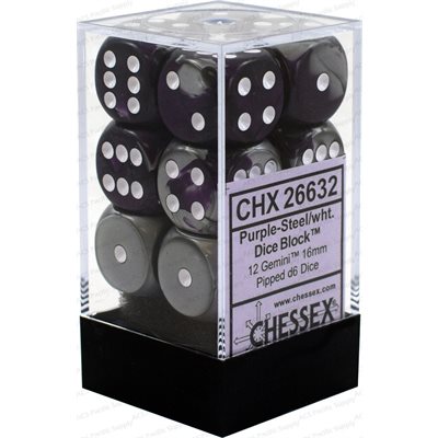 Chessex: 12D6 16MM Dice - Gemini Purple-Steel/White