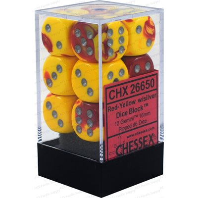 Chessex: 12D6 16MM Dice - Gemini Red-Yellow/Silver