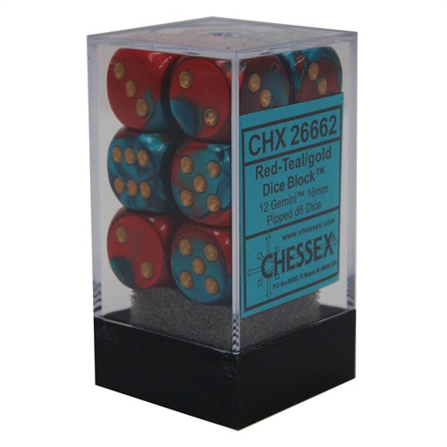 Chessex: 12D6 16MM Dice - Gemini Red-Teal/Gold