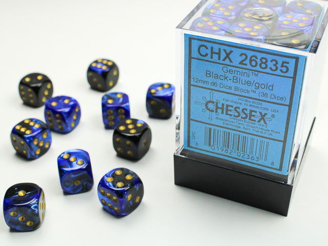 Chessex: 36D6 12MM Dice - Gemini Black-Blue/Gold