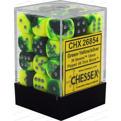 Chessex: 36D6 12MM Dice - Gemini Green-Yellow/Silver