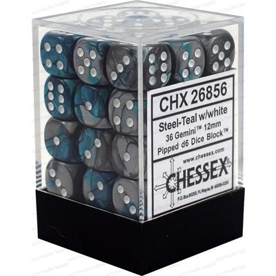 Chessex: 36D6 12MM Dice - Gemini Steel-Teal/White