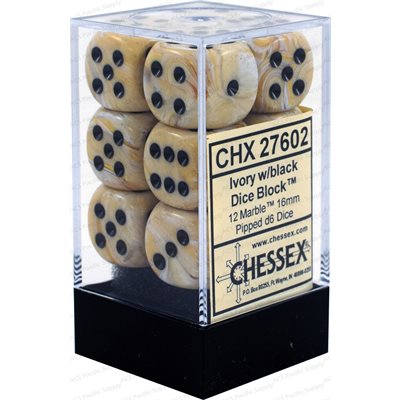 Chessex: 12D6 16MM Dice - Marble Ivory/Black