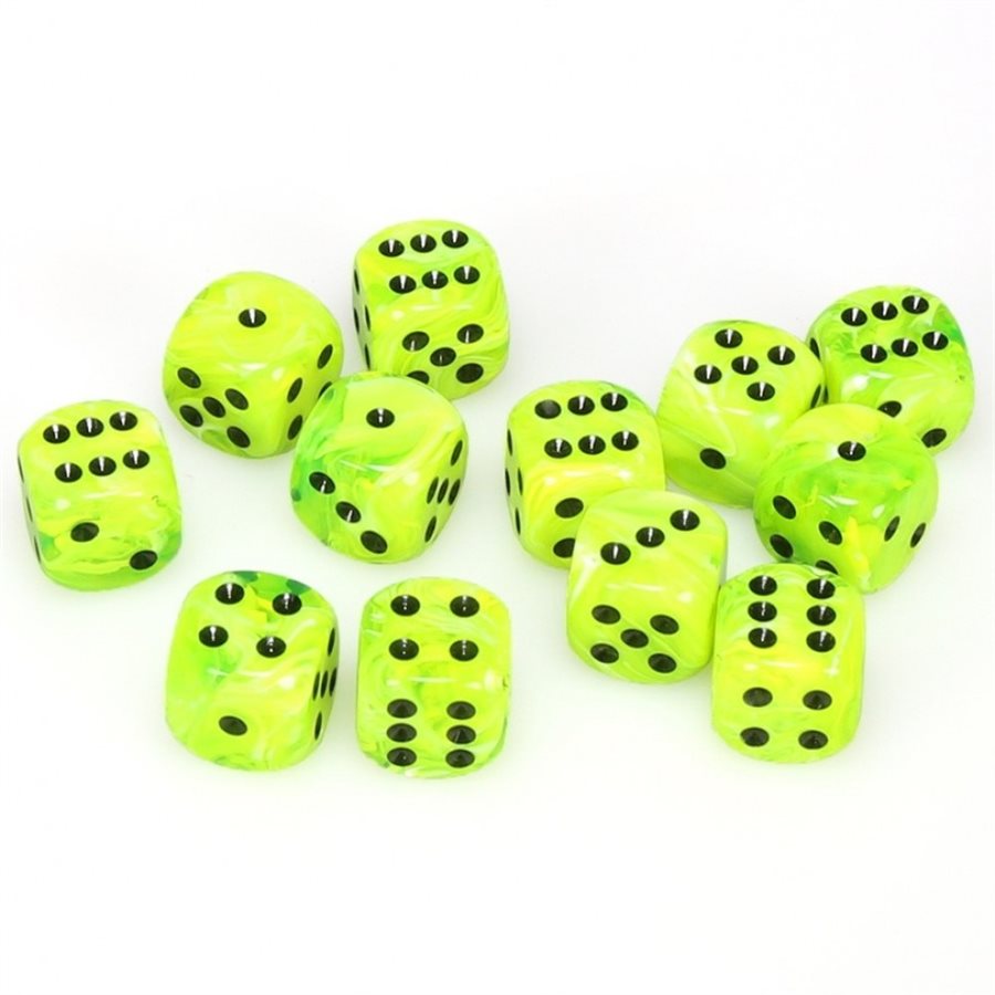 Chessex: 12D6 16MM Dice - Vortex Bright Green/Black