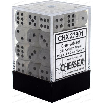 Chessex: 36D6 12MM Dice - Frosted Clear/Black