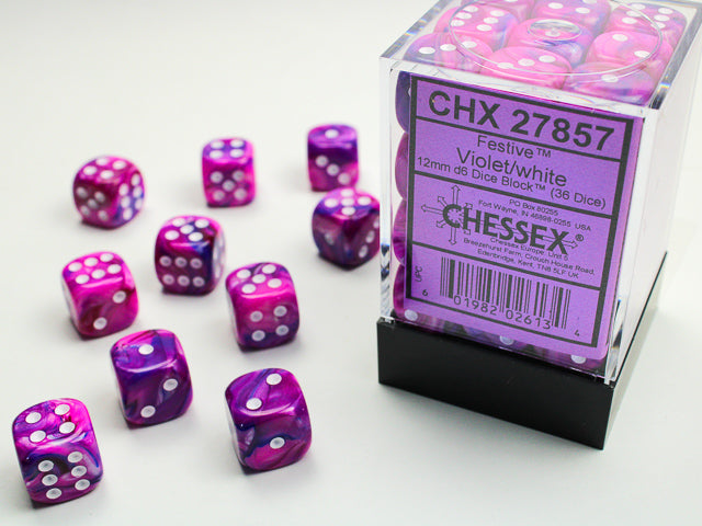 Chessex: 36D6 12MM Dice - Festive Violet/White