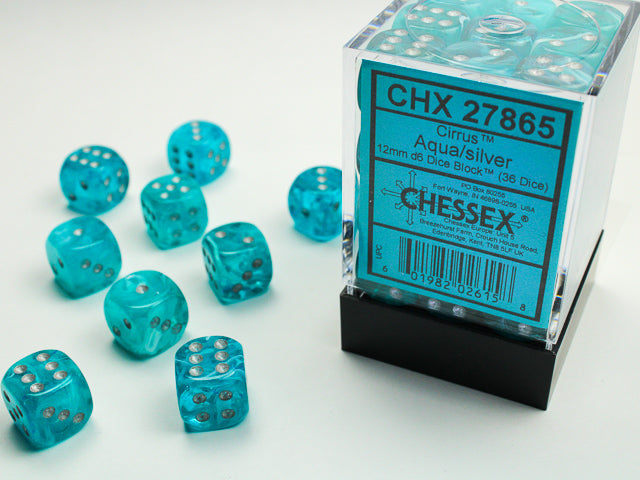 Chessex: 36D6 12MM Dice - Cirrus Aqua/Silver