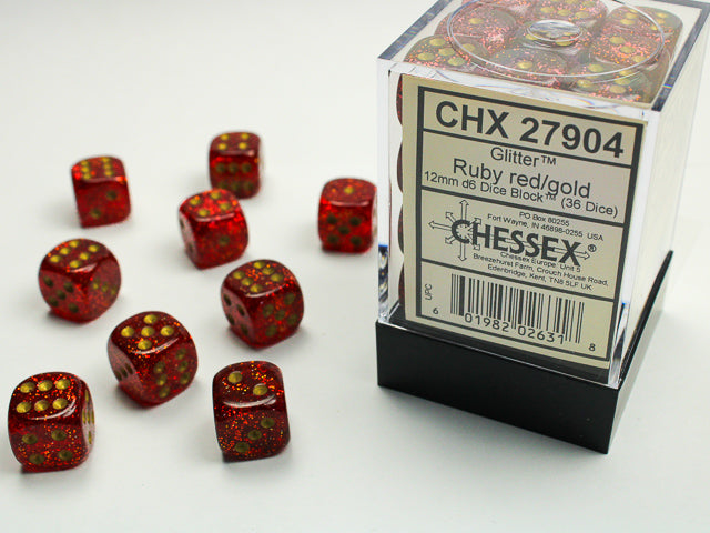 Chessex: 36D6 12MM Dice - Glitter Ruby/Gold