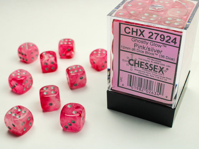 Chessex: 36D6 12MM Dice - Ghostly Glow Pink/Silver