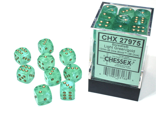 Chessex: 36D6 12MM Dice - Borealis Light Green/Gold Luminary