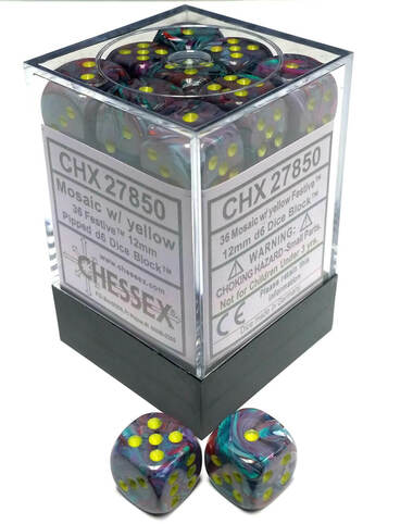 Chessex: 36D6 12MM Dice - Festive: Mosaic/Yellow