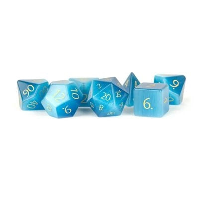 FanRoll: Mystic Mines Gemstone Dice Set 7 Piece Set - Engraved Cat's Eye Aquamarine