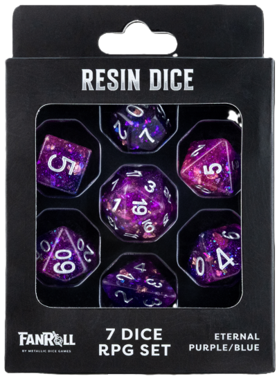 FanRoll: 7 Piece 16mm Resin Dice Set - Eternal Purple/Blue Premium Box Packaging