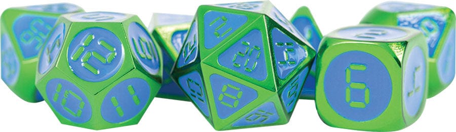 FanRoll: 7 Piece 16mm Metal Dice Set - Green with Blue Enamel