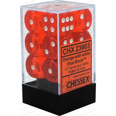 Chessex: 12D6 16MM Dice - Translucent Orange/White