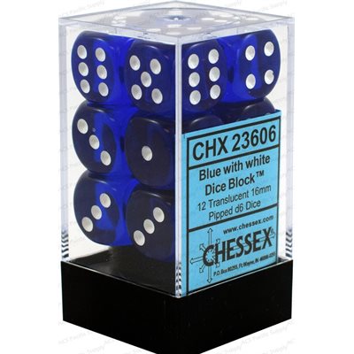 Chessex: 12D6 16MM Dice - Translucent Blue/White