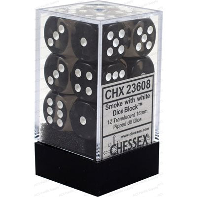 Chessex: 12D6 16MM Dice - Translucent Smoke/White