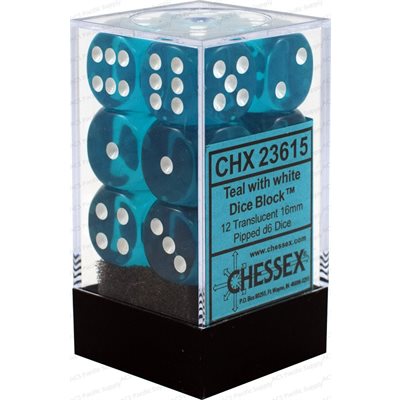 Chessex: 12D6 16MM Dice - Translucent Teal/White