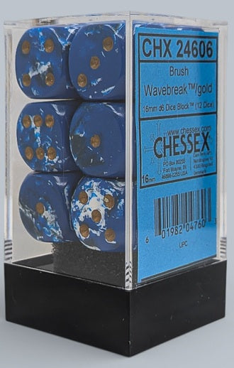 Chessex: 12D6 16MM Dice - Brush Wavebreak/Gold