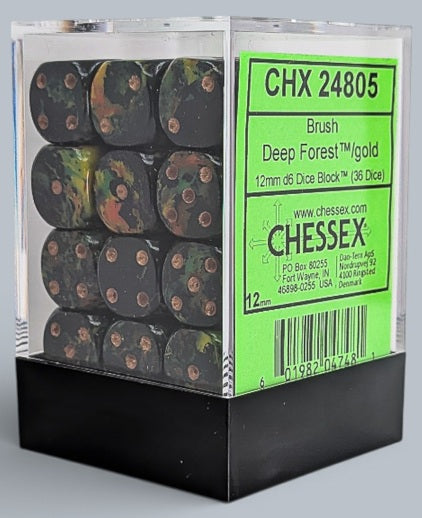 Chessex: 36D6 12MM Dice - Brush Deep Forest/Gold