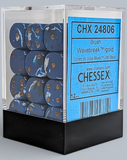 Chessex: 36D6 12MM Dice - Brush Wavebreak/Gold