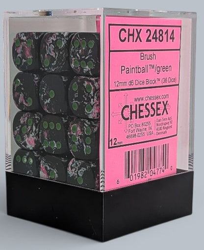 Chessex: 36D6 12MM Dice - Brush Paintball/Green