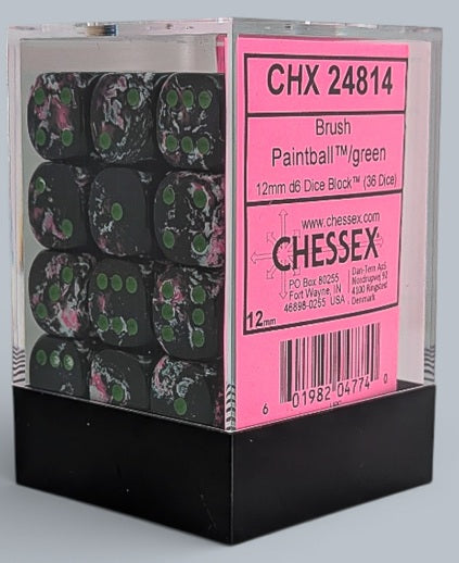 Chessex: 36D6 12MM Dice - Brush Paintball/Green