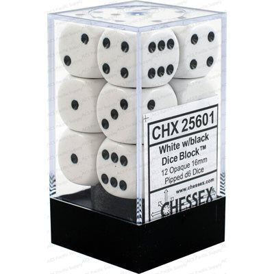 Chessex: 12D6 16MM Dice - Opaque White/Black