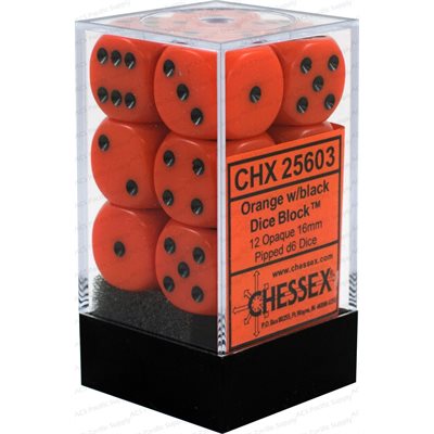 Chessex: 12D6 16MM Dice - Opaque Orange/Black