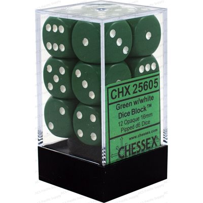 Chessex: 12D6 16MM Dice - Opaque Green/White