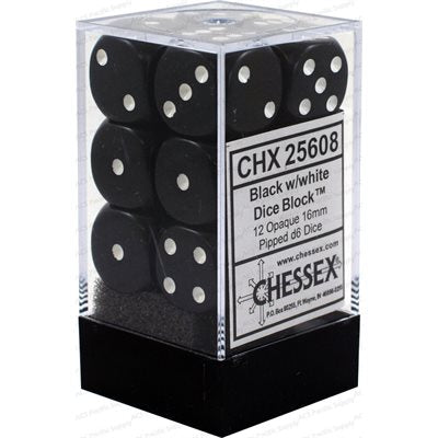 Chessex: 12D6 16MM Dice - Opaque Black/White