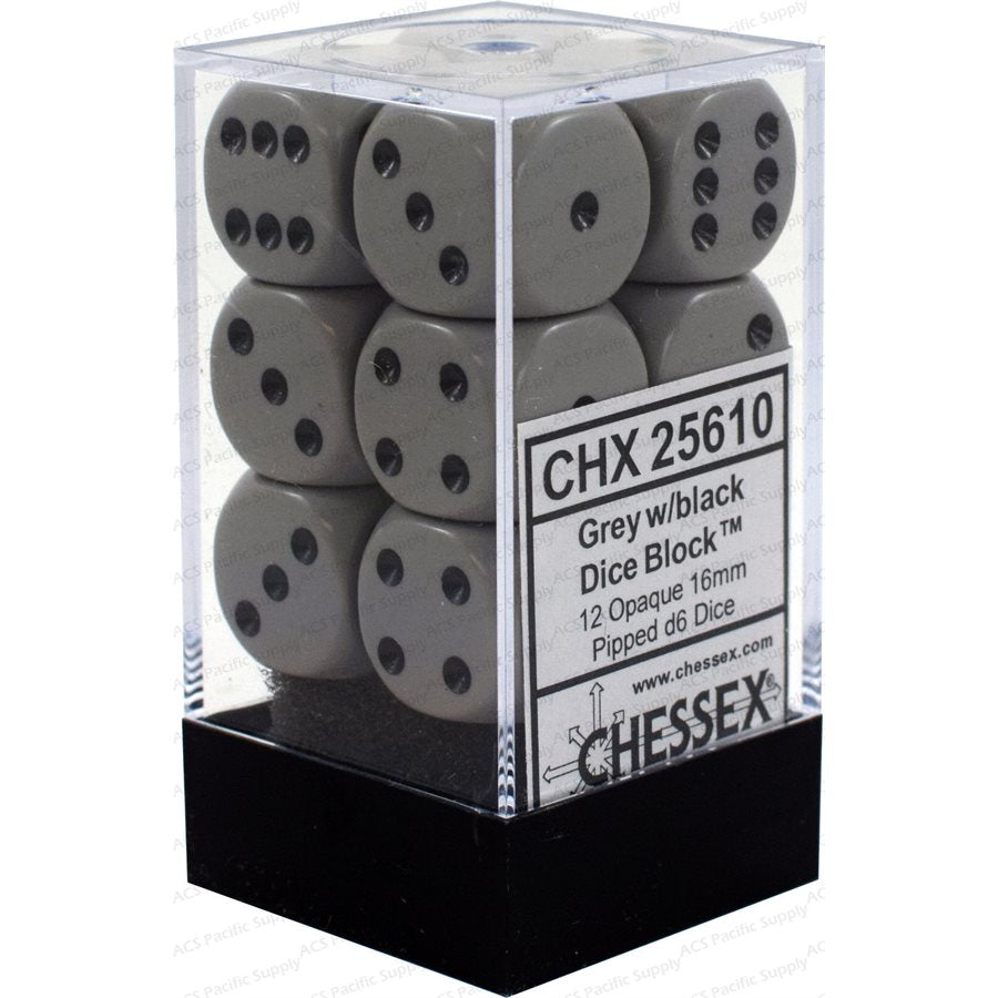 Chessex: 12D6 16MM Dice - Opaque Dark Grey/Black