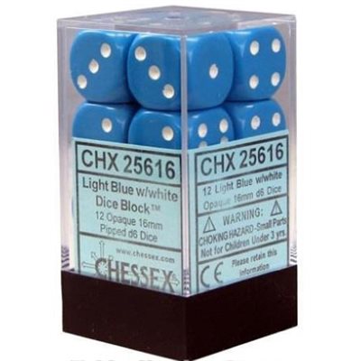 Chessex: 12D6 16MM Dice - Opaque Light Blue/White