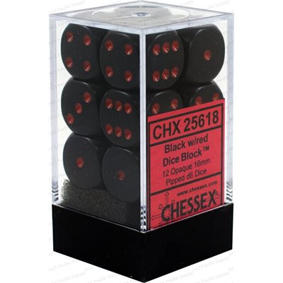 Chessex: 12D6 16MM Dice - Opaque Black/Red