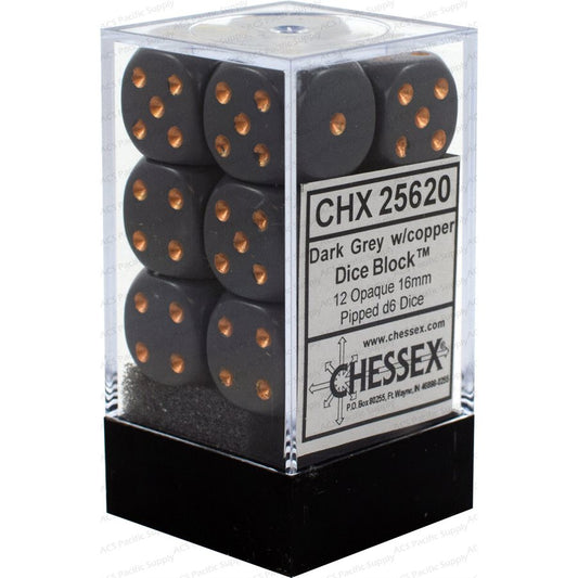 Chessex: 12D6 16MM Dice - Opaque Dark Grey/Copper
