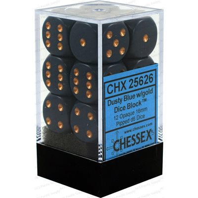 Chessex: 12D6 16MM Dice - Opaque Dusty Blue/Gold