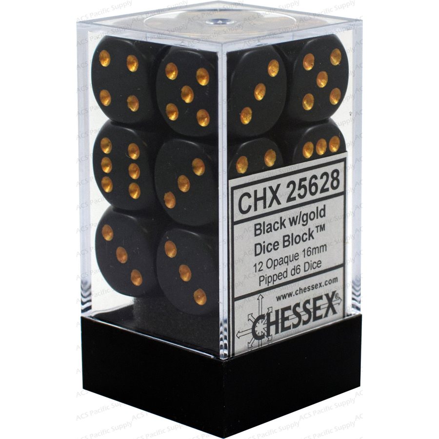 Chessex: 12D6 16MM Dice - Opaque Black/Gold