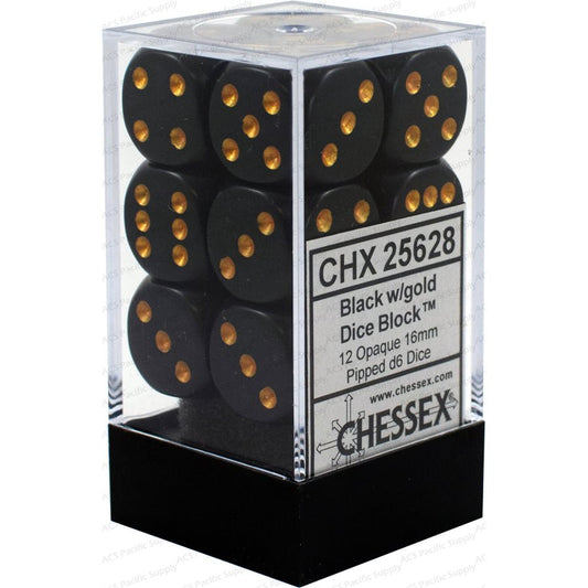 Chessex: 12D6 16MM Dice - Opaque Black/Gold