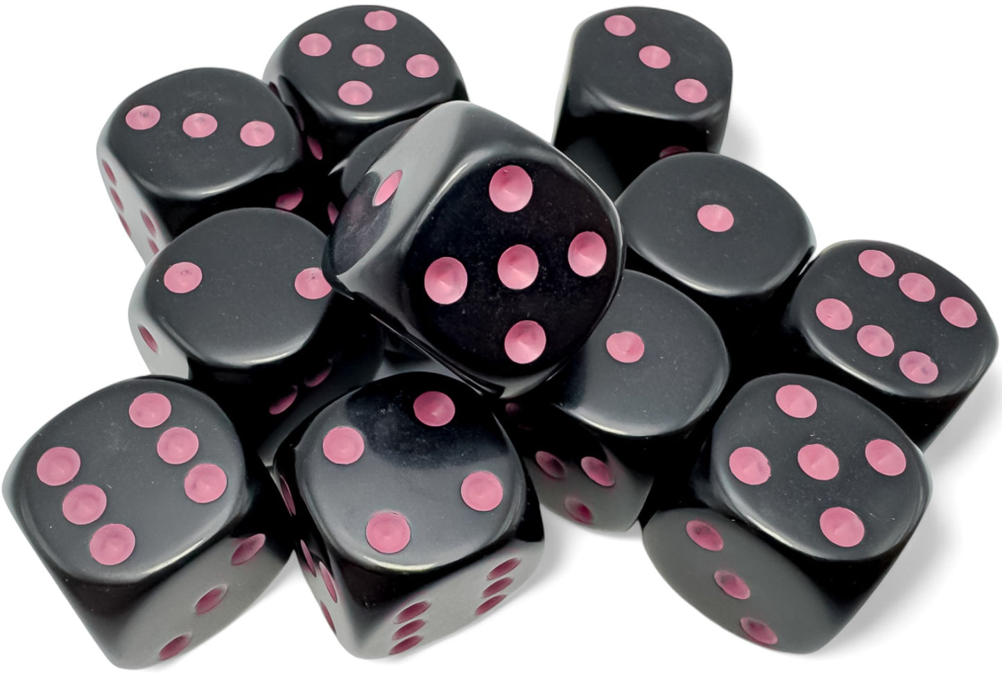 Chessex: 12D6 16MM Dice - Opaque Black/Pink