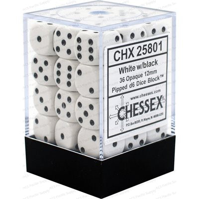Chessex: 36D6 12MM Dice - Opaque White/Black