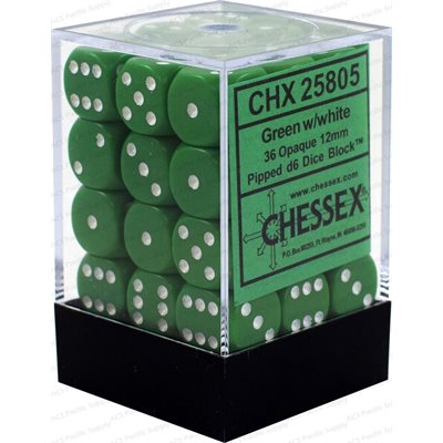 Chessex: 36D6 12MM Dice - Opaque Green/White