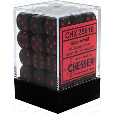 Chessex: 36D6 12MM Dice - Opaque Black/Red