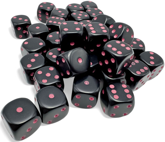 Chessex: 36D6 12MM Dice - Opaque Black/Pink