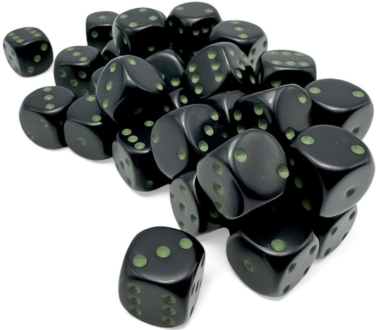 Chessex: 36D6 12MM Dice - Opaque Black/Green