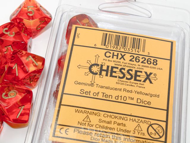 Chessex: 10D10 - Gemini Translucent Red-Yellow/Gold